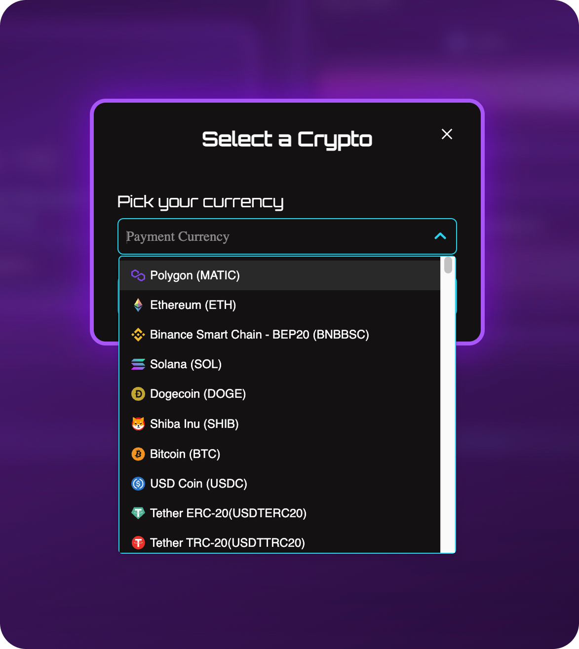 Select a Crypto Dialog